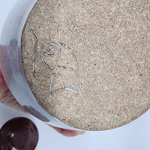 Studio Pottery Decanter and 4 Cups Blue Flowers Backstamped Fish VTG - Picture 9 of 11